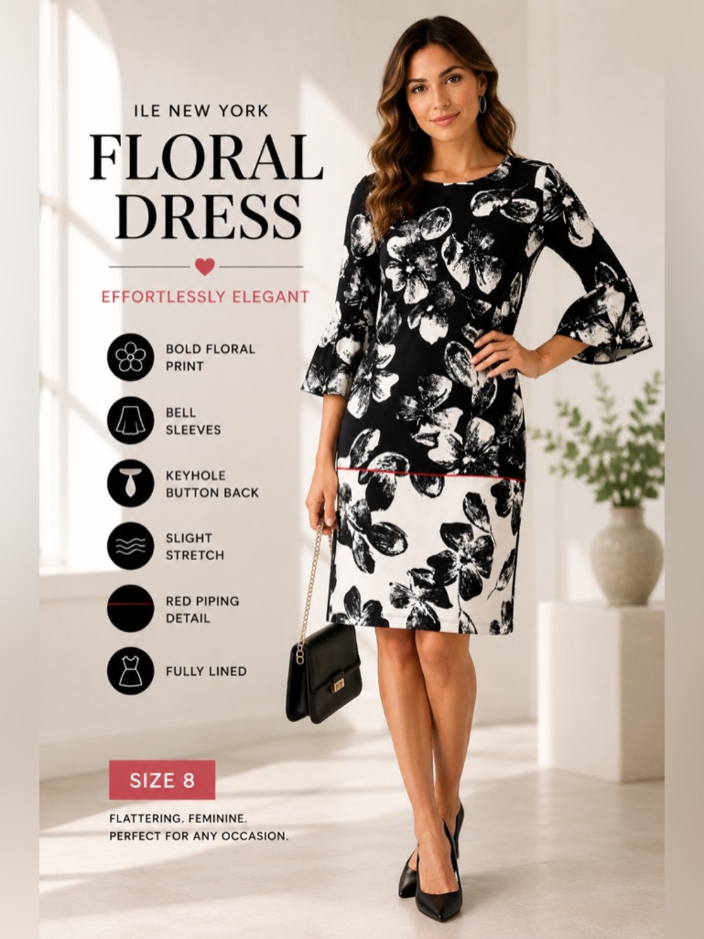 ILE New York Black & White Floral Bell‎ Sleeve Dress – Size 8